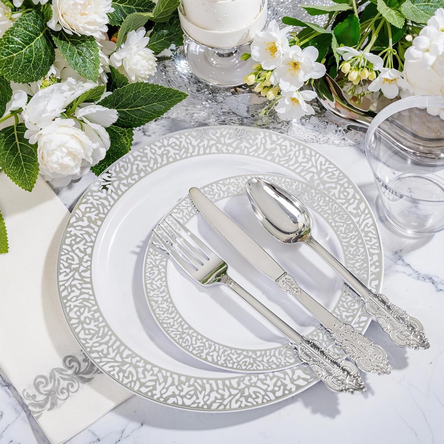 Festiva 350PCS Silver Plastic Dinnerware Set - Disposable Lace Silver Plates and Napkins Party Supplies - include plates,napkins,cups,silverware - Serve for 50 Guests Party&Wedding