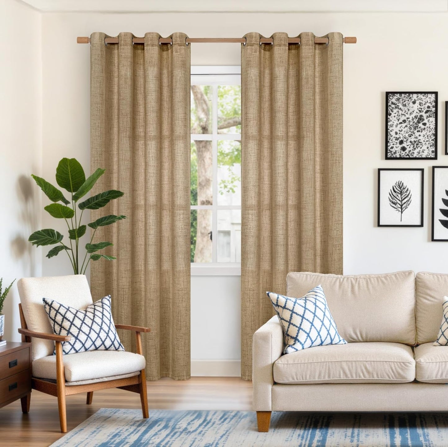 YoungsTex Burlap Linen Curtains 84 Inch Length for Living Room, Textured Tan Semi Sheer Drapes with Bronze Grommet Light Filtering for Farmhouse Bedroom, Toffee, 2 Panels, 52 X 84 Inch