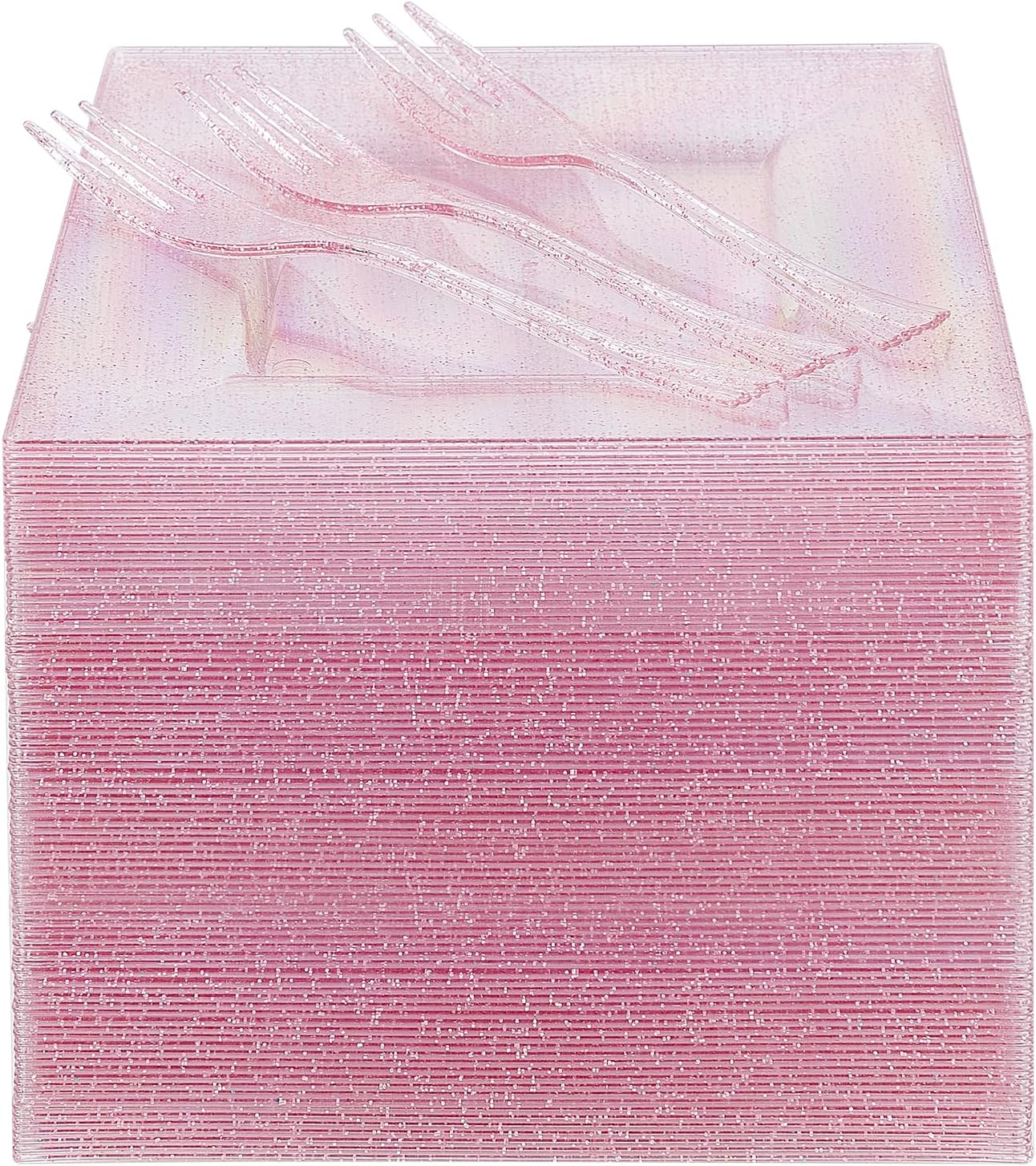 DaYammi 200 Pcs Pink Dessert Plates Including 100Pcs Appetizer plates 6'',100Pcs Plastic Forks 5.7'',Rose Glitter Plastic Square Plate for Wedding,Pink Salad plates and Cake forks for Birthday Party