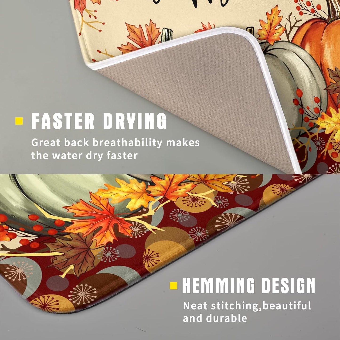 Happy Fall Dish Drying Mats 16x18 Inch, Autumn Orange Pumpkin Maple Leaves Seasonal Style Microfiber Drainer Rack Absorbent Pad for Kitchen Countertop Coffee Bar Holiday Decor