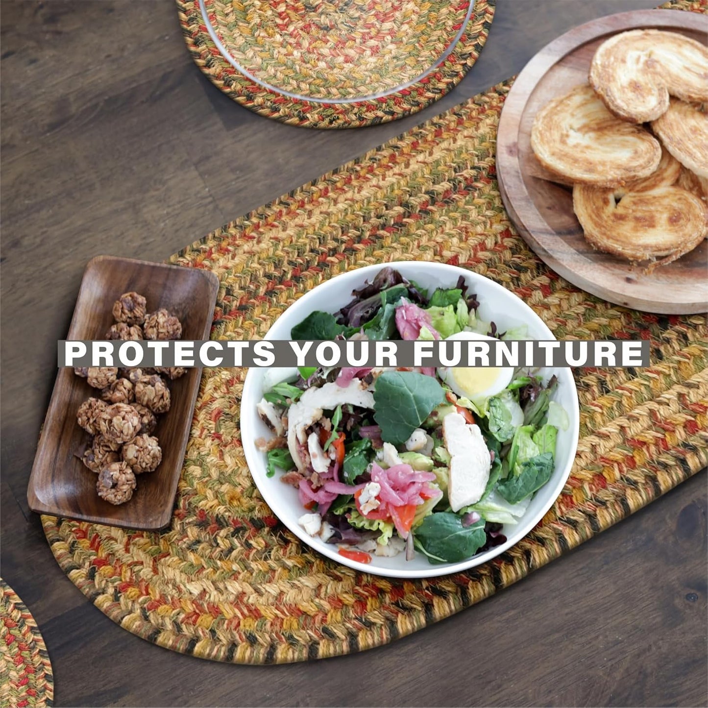 Homespice Kingston Jute Braided Short Table Runner, Warm Country Decor, Set of 2, Multicolor Rectangle 8x28 - Rich Colors, Easy to Clean, Durable and Protects Furniture