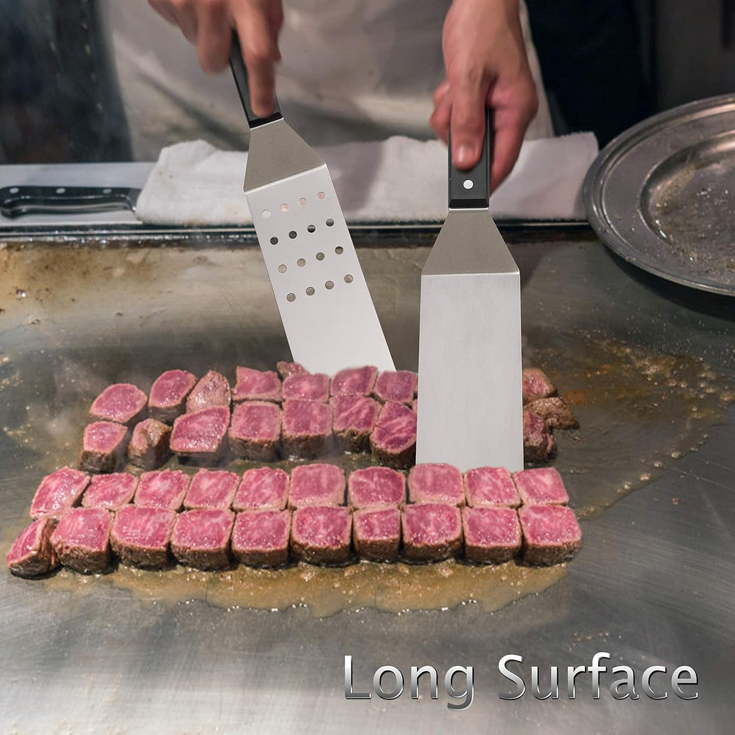 HaSteeL Metal Griddle Spatula, Stainless Steel Long With Riveted Handle, Heavy Duty Perforated & Solid Burger Turner for Teppanyaki BBQ Flat Top Grilling Cooking, Dishwasher Safe