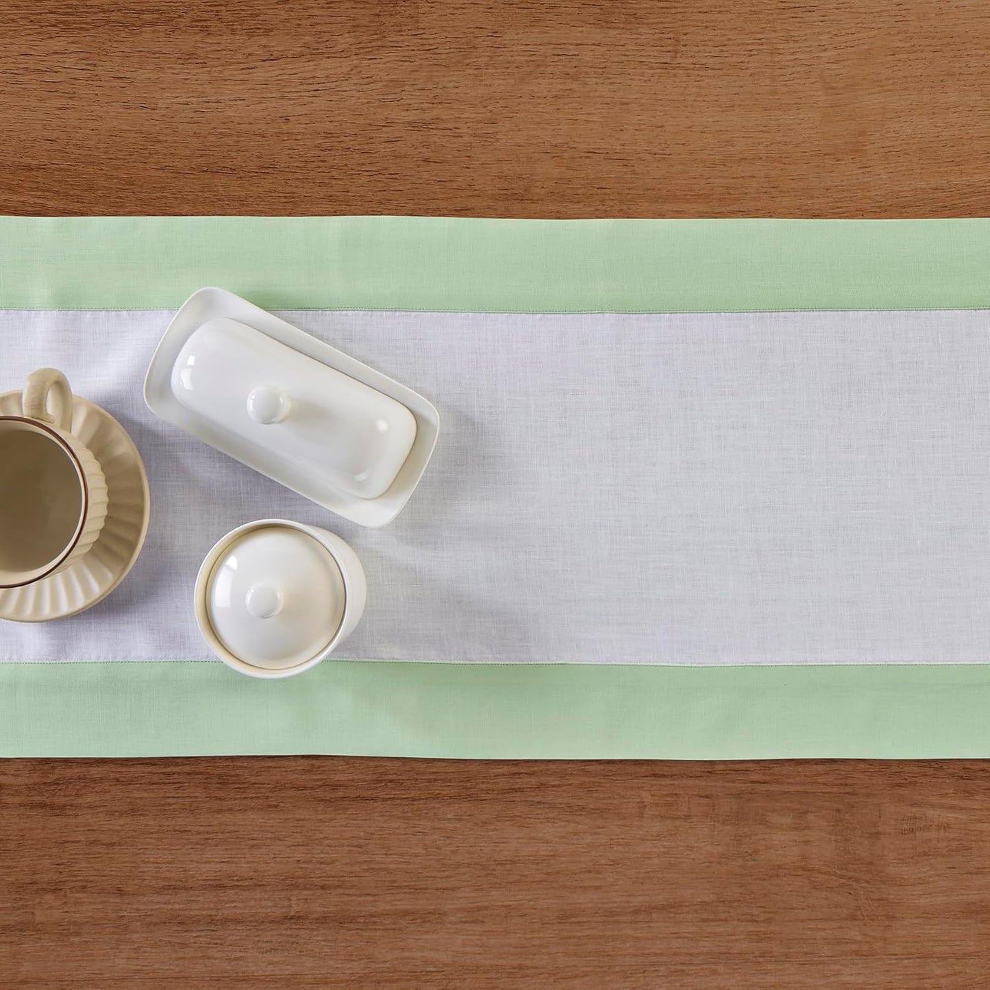 Solino Home Linen Table Runner 120 Inches Long - 100% Pure Linen Light Green and White Dining Table Runner 14 x 120 Inch - Contempo