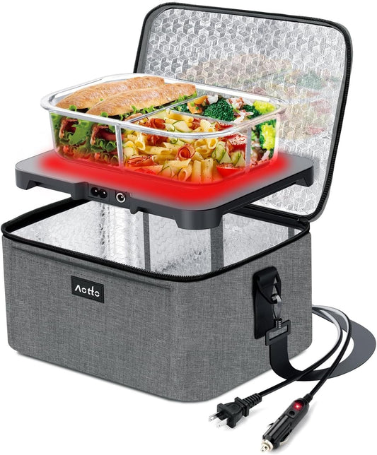 Aotto Portable Oven, Electric Lunch Box Food Heater - 12V/24V/110V 3-in-1 Car Food Warmer - Heated Lunch Box for Adults - Cook, Reheat & Keep Meals Warm for Car, Truck, Travel, Work, Home - Grey