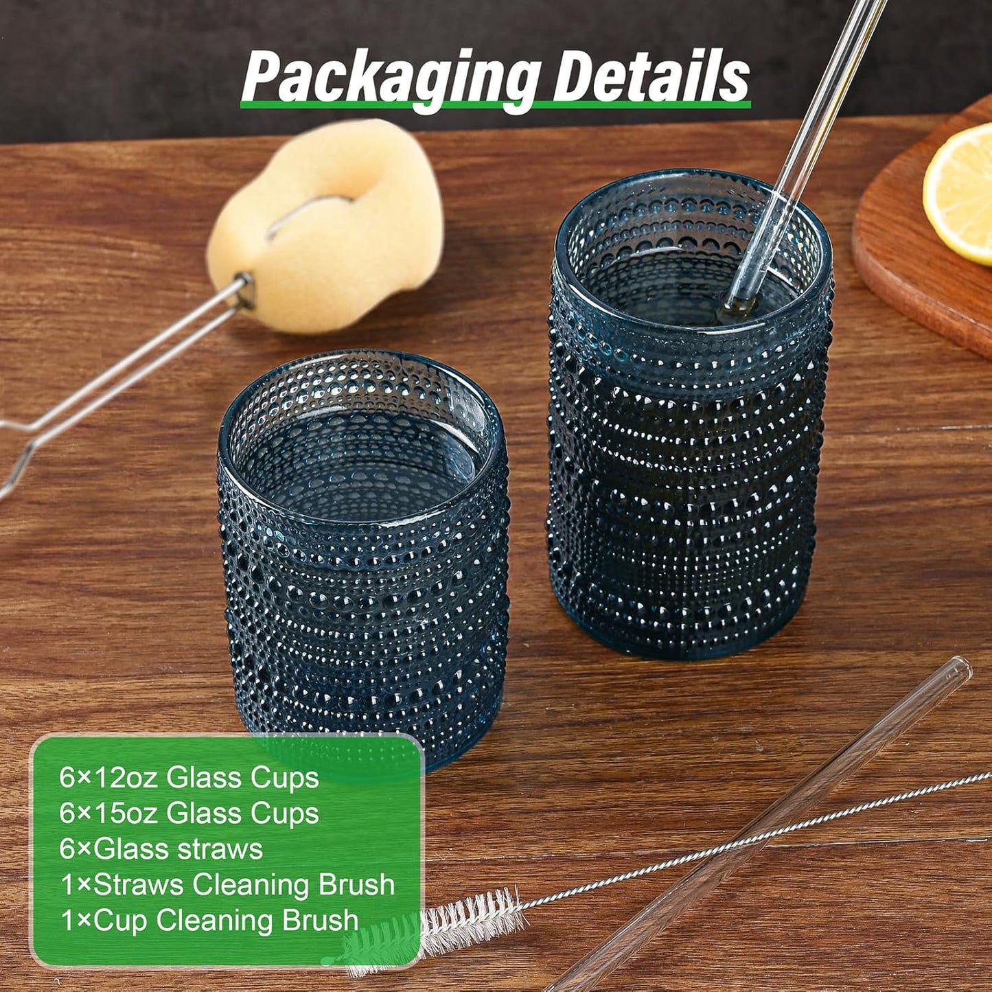 Vintage Glassware Drinking Glasses Set of 12,Blue 12oz & 15oz Hobnail Glass Cups,Embossed Water Tumbler,for Beer,Cocktail,Whiskey,Juice and Various Mixed Drinks- 1 Cleaning Brush