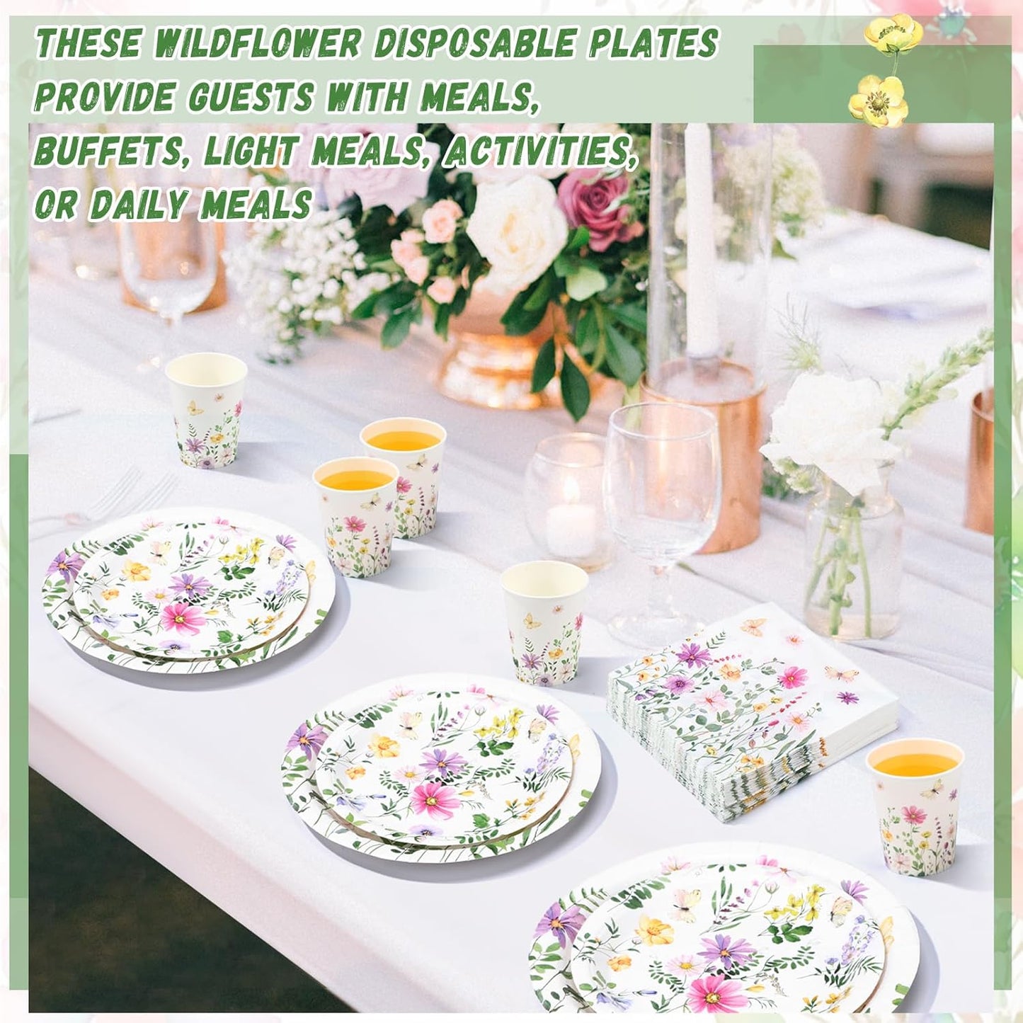 250 Pcs Wildflower Party Decorations Include Spring Summer Floral Paper Plates Napkins and Cups for Wildflower Baby Shower Tea Decorations, Serve 50 Guest(Watercolor,Fresh Style)