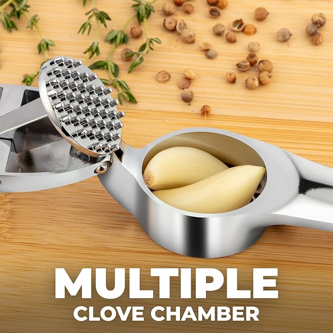 Zulay Kitchen Premium Garlic Press Set – Rust Proof & Dishwasher Safe Garlic Mincer Tool with Silicone Garlic Peeler & Brush, Easy Squeeze & Clean, Ergonomic Soft Grip Handle - Medium – Chrome