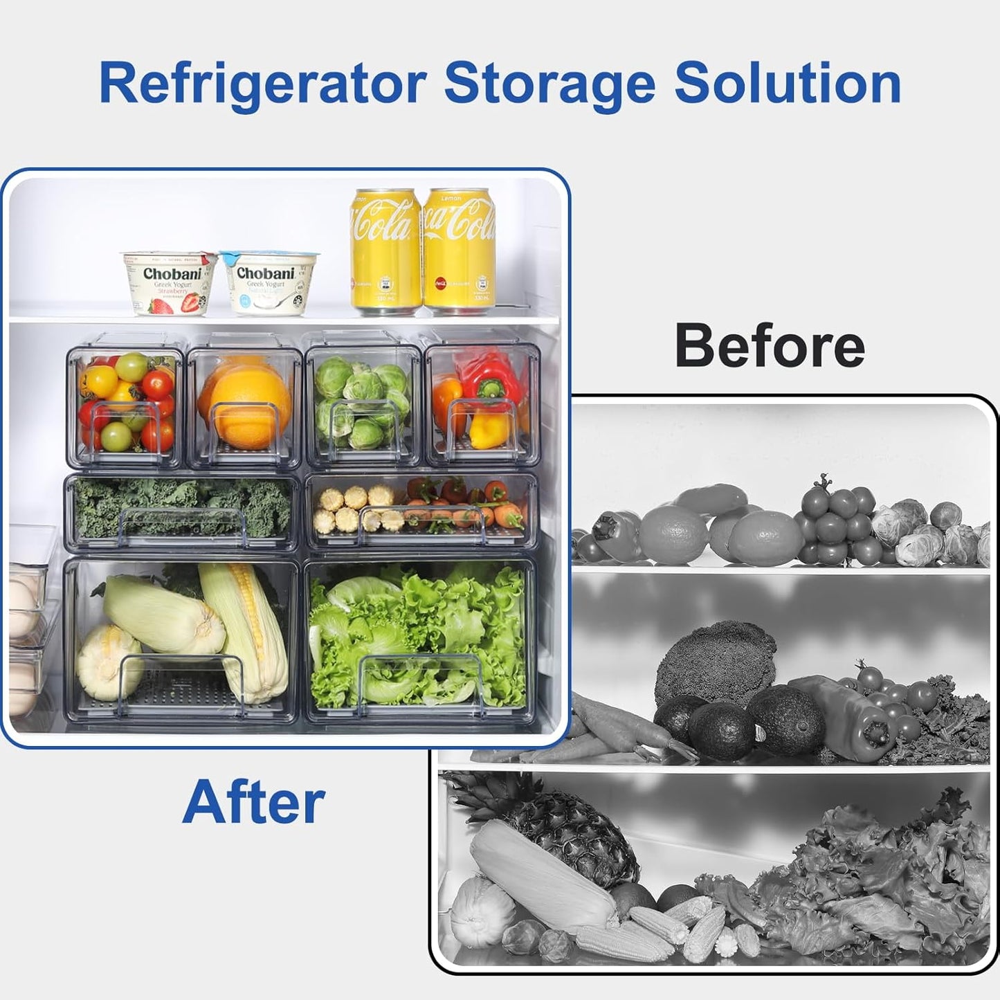 Plastic Clear Fridge Storage Organizer with Drawers & Drainer - Stackable Bins for Kitchen Fruit & Veggie Organization (2PCS, Small)