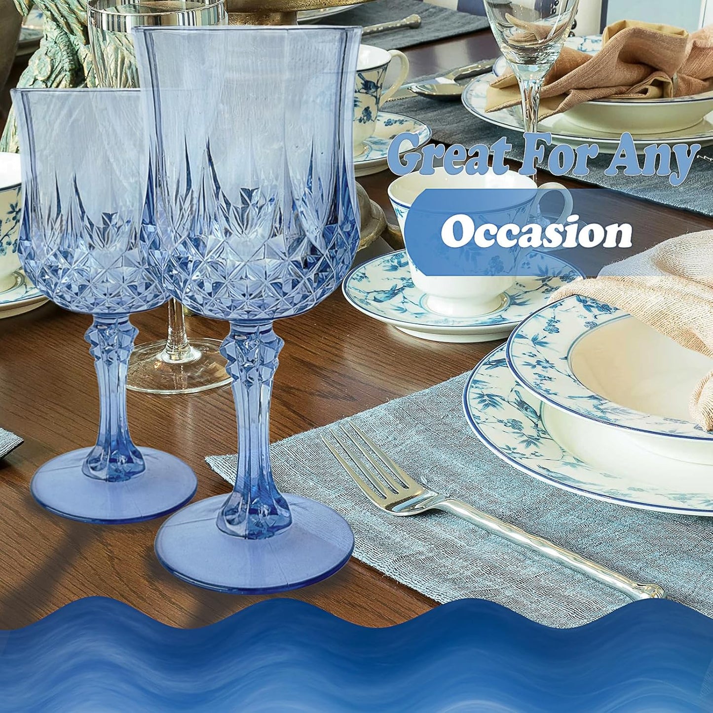 24 PCS Blue Plastic Wine Glasses,Reusable Plastic Wine Glasses,Blue Goblet Glass,Durable and Sturdy Cups Can Be Used for Various Parties Such as Weddings!