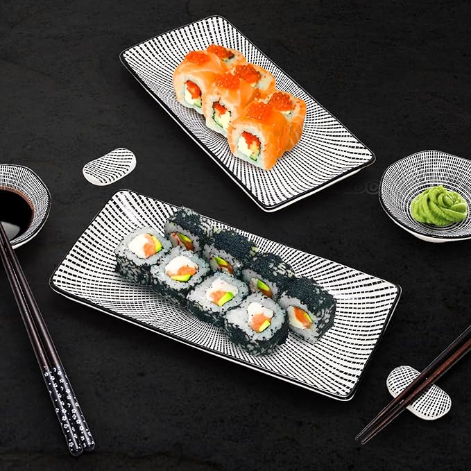 8 Pcs Sushi Plate Set, Ceramic Sushi Serving Set for 2, Japanese Sushi Dinnerware for Wedding Housewarming, Includes 2 Serving Dishes, 2 Sauce Bowls, 2 Pairs of Chopsticks, 2 Chopstick Holders