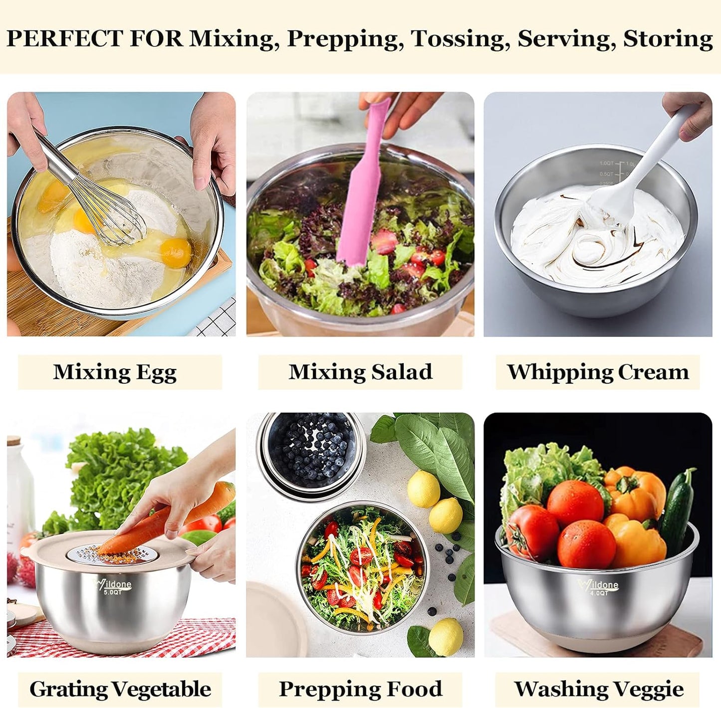 Wildone Mixing Bowls with Airtight Lids, 22 PCS Stainless Steel Nesting Bowls, with 3 Grater Attachments, Scale Marks & Non-Slip Bottom, Size 5, 4, 3, 2,1.5, 0.63QT, Ideal for Mixing & Prepping