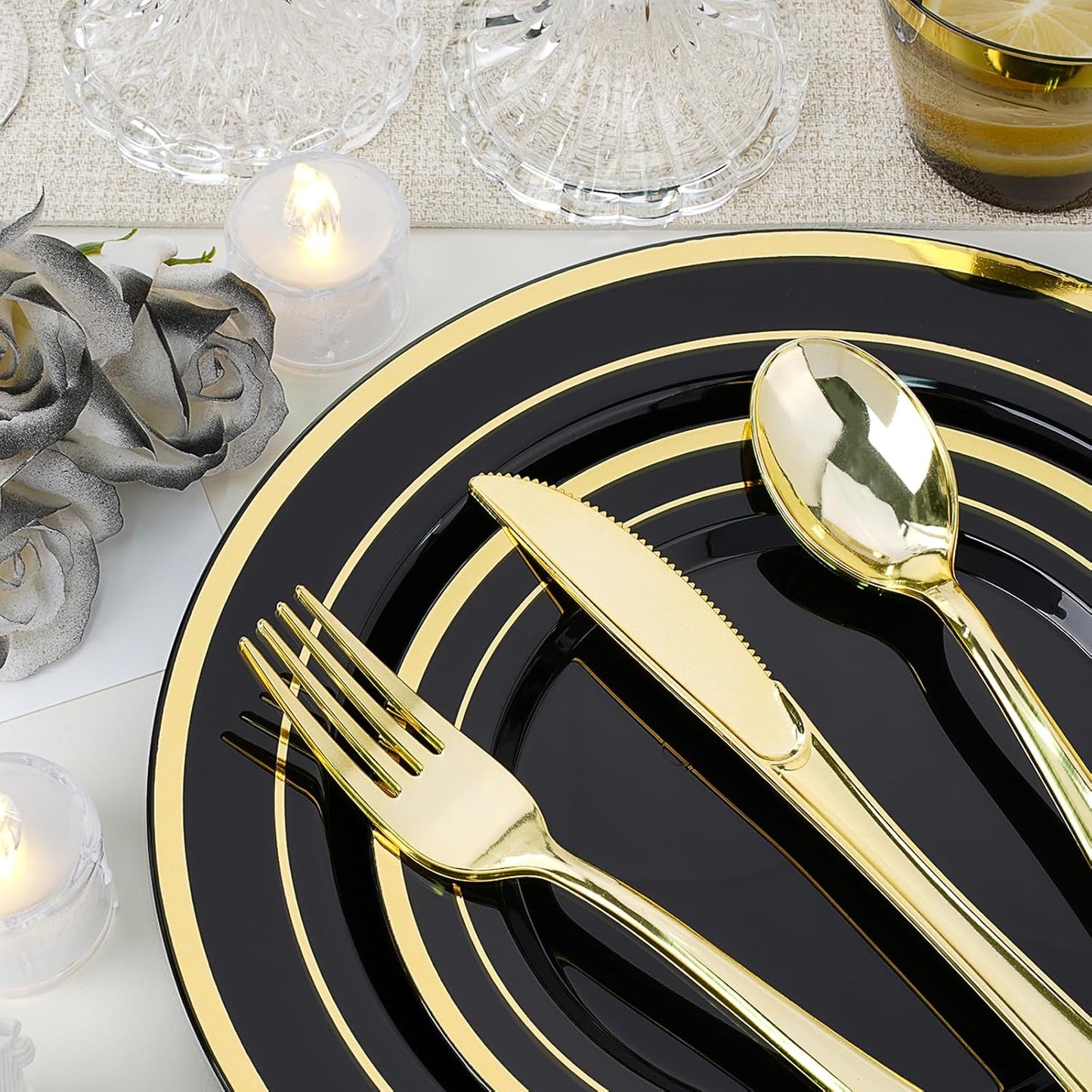 350 PCS Black Plastic Dinnerware Set for 50 Guests, 100 Disposable Plates for Party, 50 Pre Rolled Napkins with Gold Silverware, 50 Cups for Graduation