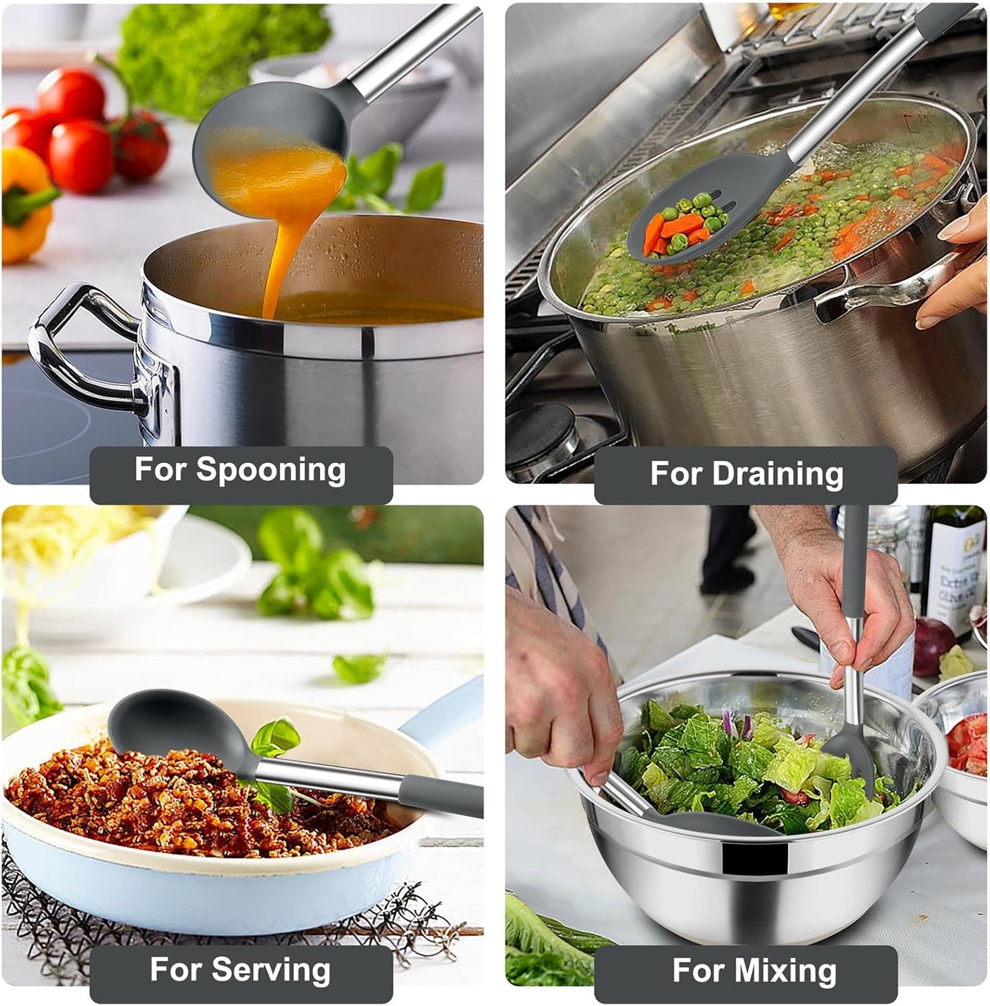 TeamFar Kitchen Utensils, 4PCS Heat-proof Silicone Cooking Utensils Set Slotted Spatula Solid Turner Spoon with Stainless Steel Handle, for Non-stick Cookware Flipping, Frying, Draining – Gray