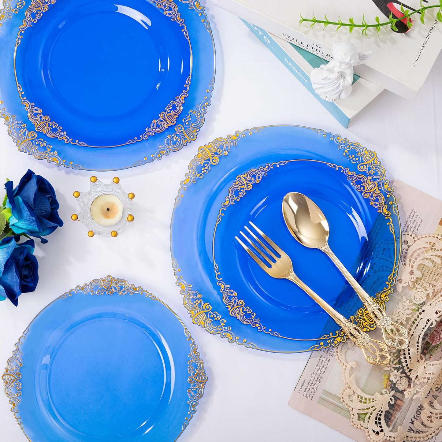 102PCS Blue Plastic Plates - Royal Gold Disposable Plates - Clear Blue Party Plate - Heavyweight Disposable Plate with Gold Rim - Fancy Dinner & Dessert Plates for 51 Guests Party Wedding