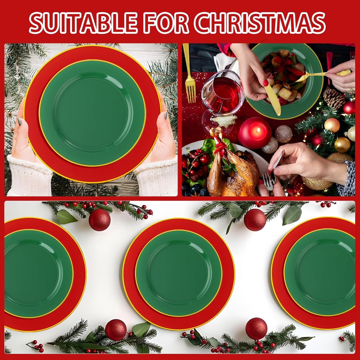 SUT 350pcs Green and Red Plastic Plates For 50 Guests, Plates Disposable Heavy Duty, Plastic Plates Disposable, Party Plates And Cups And Napkins Sets, Disposable Plates for Party and Wedding