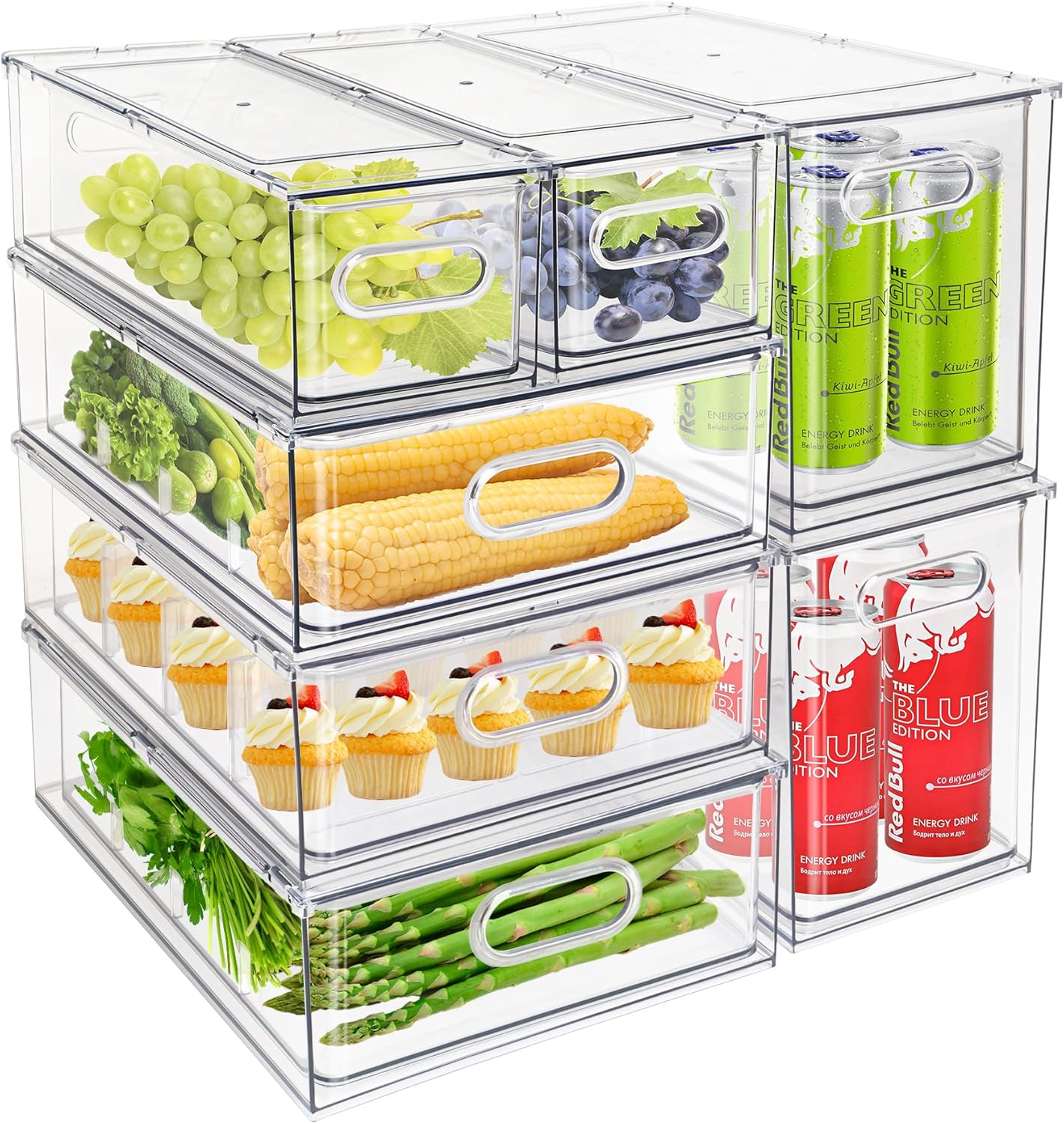 Eanpet 7Pack Clear Fridge Drawer Organizer Pull out Bins Stackable Refrigerator Organizer Bins with Handle for Kitchen Cabinet Organization Divided Produce Saver Container for Fruit Veggie Egg