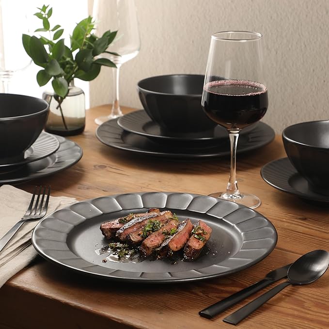 Gibson Elite Winchester Way 12-Piece Embossed Stoneware Dinnerware Set – Reactive Matte Glaze, Durable Lightweight-Tech Plates & Bowls, Everyday Dish Set, Microwave & Dishwasher Safe – Black