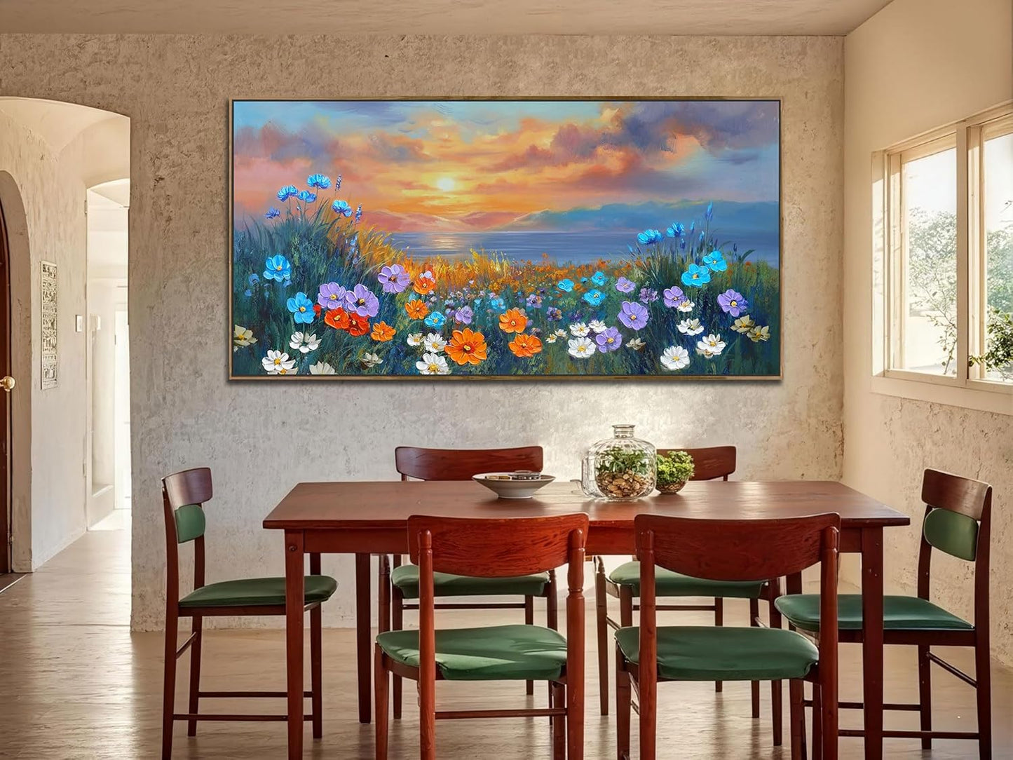Ardemy Wildflower Wall Art for Living Room Large Framed Floral Canvas Pictures Bedroom Wall Decor Sunset Paintings Flower Textured Artwork for Walls Dining Room Home Office 48"x24"