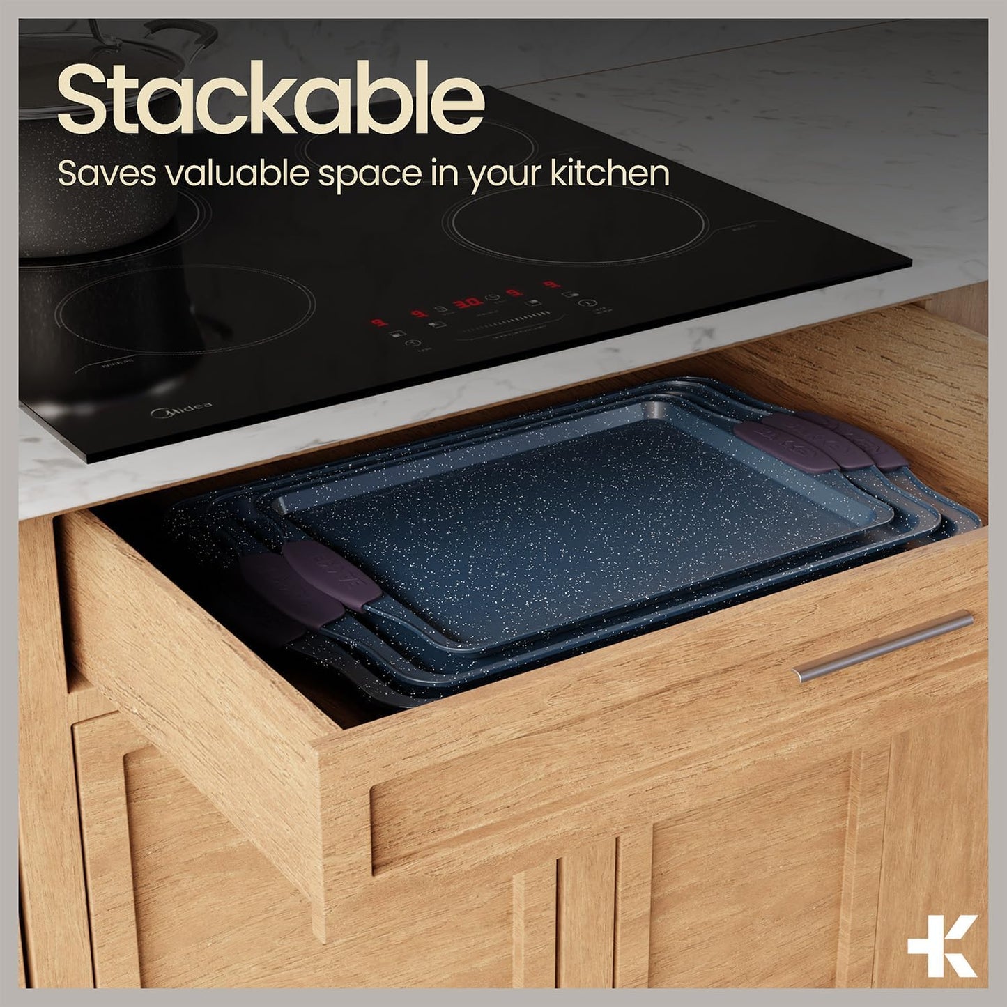 BAKKEN Kitchen Baking Pan Set - Nonstick Coating, Carbon Steel Bakeware Sets with Blue Silicone Handles, Baking Kitchen Essentials, PFOA, PFOS, PTFE Free, Oven Safe Tray (Up To 450° F), Set of 18