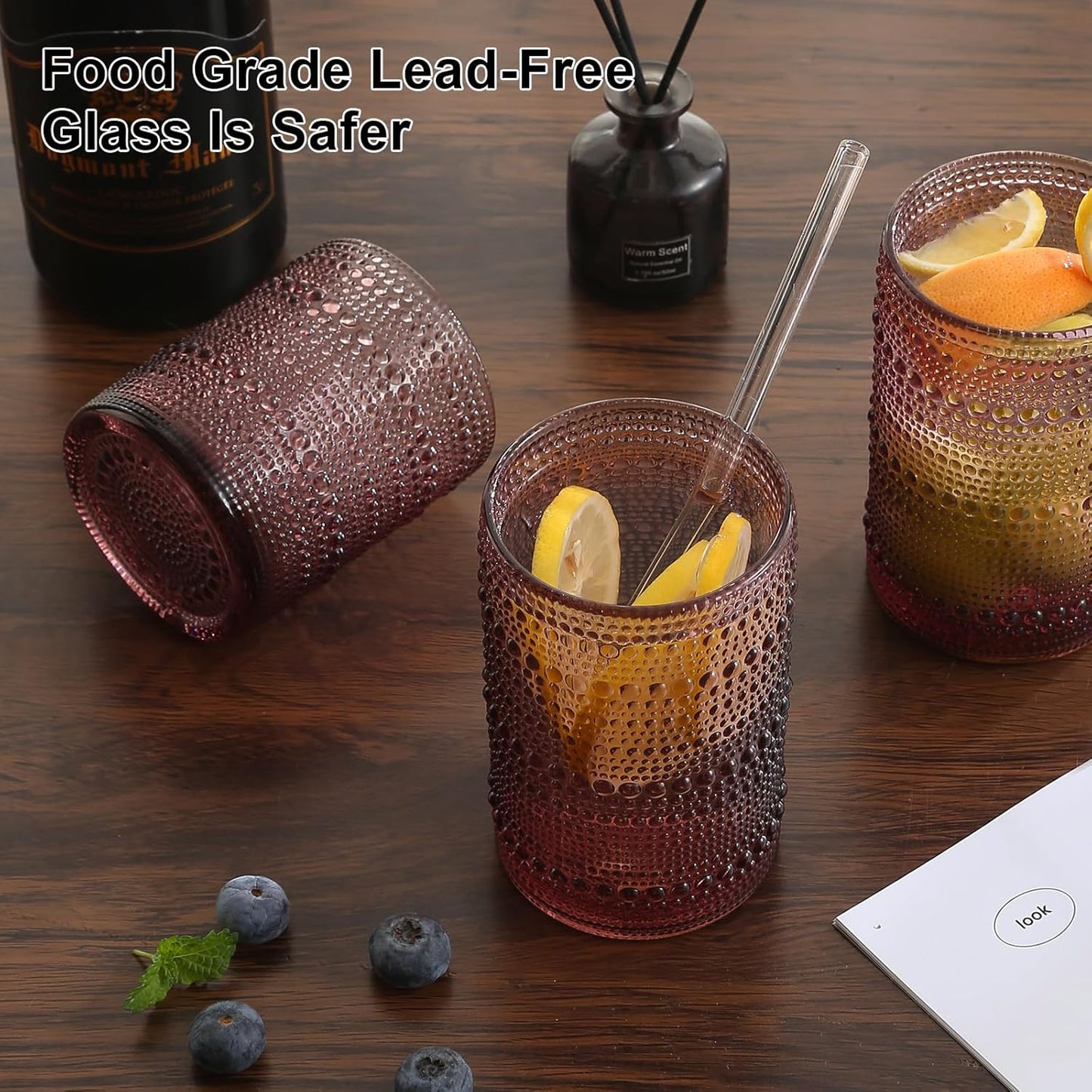 Vintage Glassware Drinking Glasses Set of 12,Purple 12oz & 15oz Hobnail Glass Cups,Embossed Water Tumbler,for Beer,Cocktail,Whiskey,Juice and Various Mixed Drinks- 1 Cleaning Brush