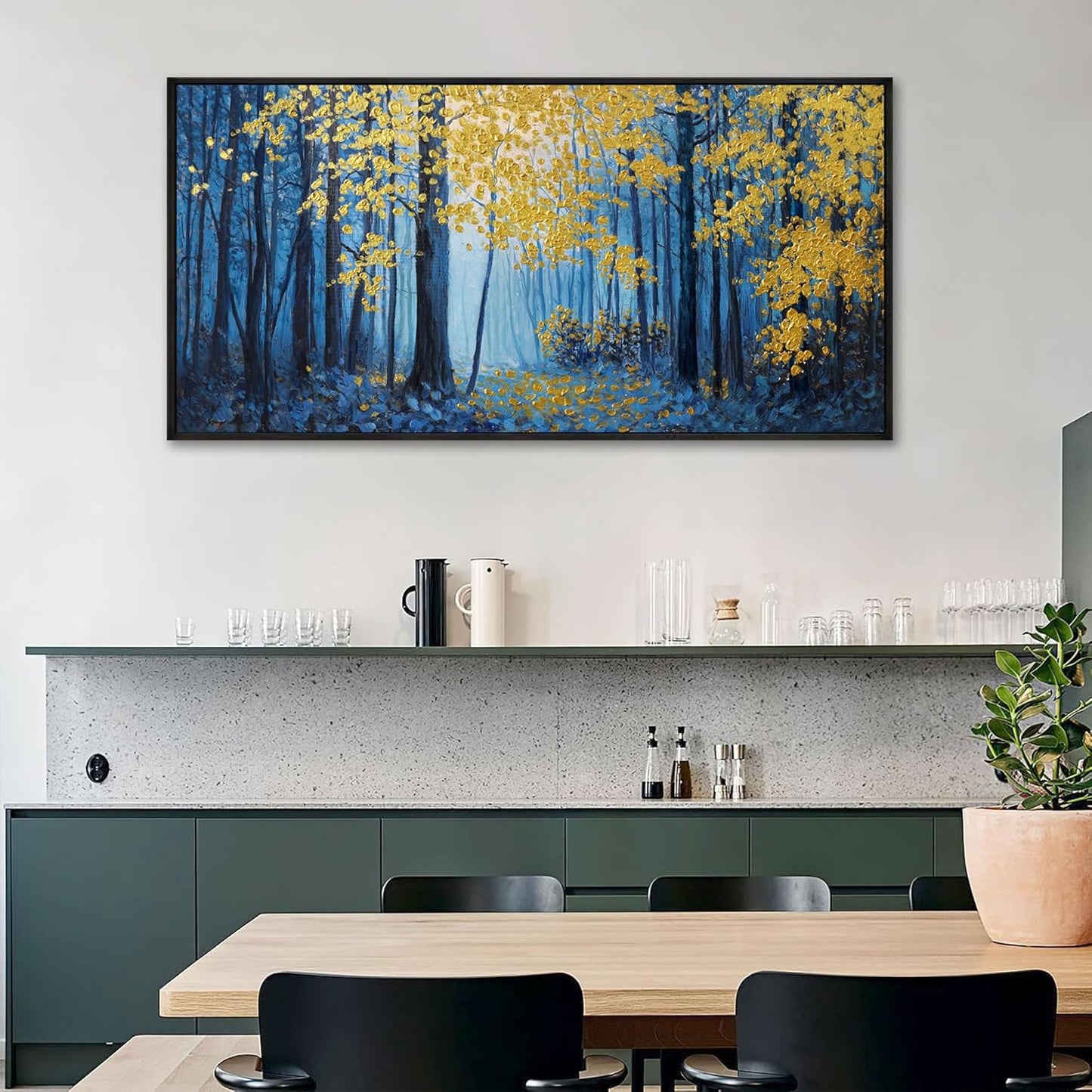 KLAKLA Blue and Gold Tree Wall Art - Birch Tree Forest Painting Pictures Framed Artwork for Living Room Bedroom Office Canvas Print Art Gorgeous Landscape Wall Art Home Decoration - 48x24 Inches