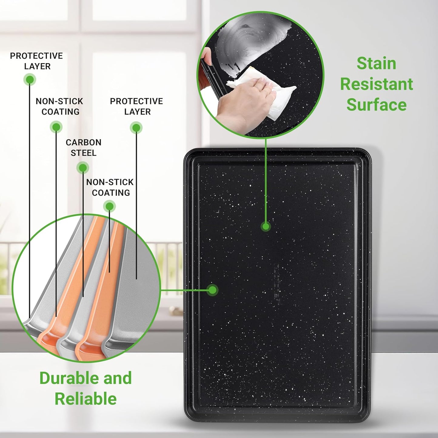 NutriChef 8-Piece Stackable Bakeware Set - Carbon Steel Non-Stick Baking Pan Set, Sheet, Muffin, Round, Loaf, Square Cake & Deep Pans, 450°F Heat Resistant, Standard & Convection Ovens (Black Marble)