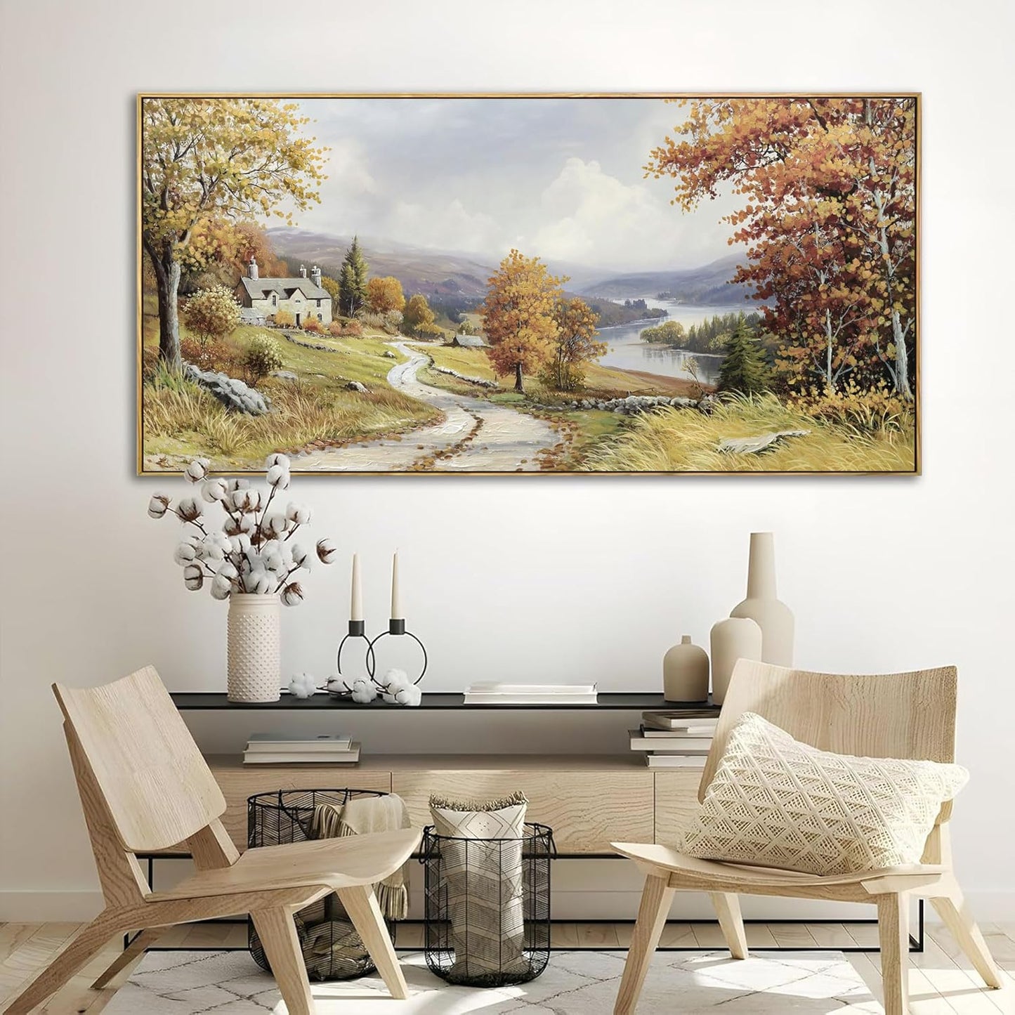 KLAKLA Landscape wall art - Autumn Rustic Field Burnt Orange Tree Landscape PictureC anvas Frame Artwork Farm Log Cabin Farm Wall Decor for Living Room Bedroom Office - 58x29 Inches