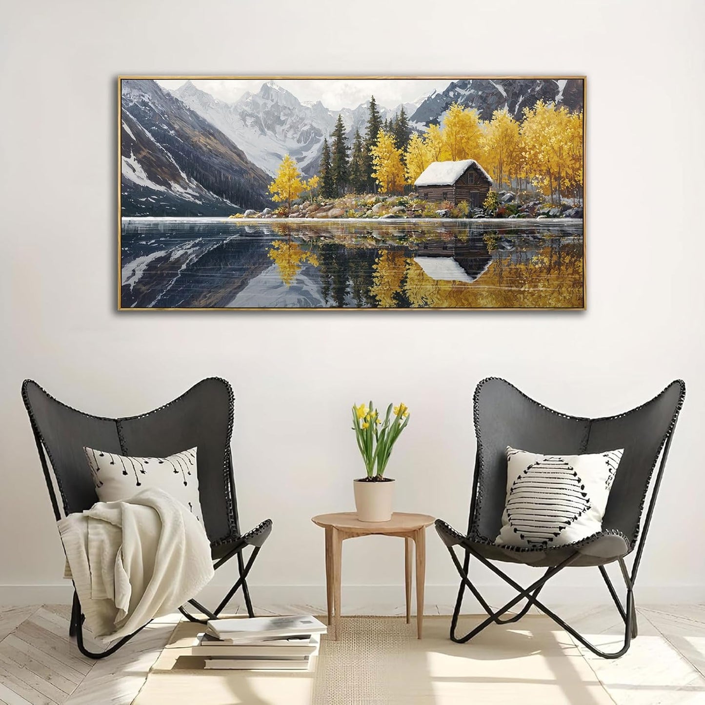 KLAKLA Living Room Wall Art - Tranquil Lake Cabin Orange Tree Forest Snowy Mountain Canvas Wall Decor Oversize Landscape Picture Framed Artwork for Bedroom Office Walls Home Decoration 48x24 Inches