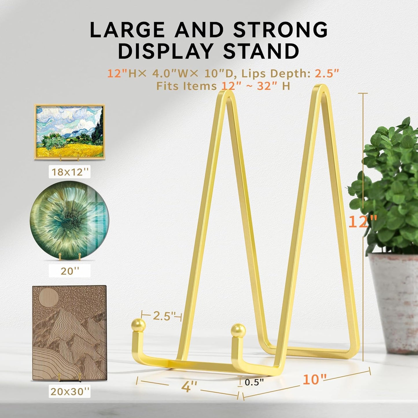 Plate Stands for Display 12 Inch Heavy Duty - Metal Picture Frame Easel Stands for Large Plates, Books, Platters, Plaques, Decor (Gold 2 Pack)
