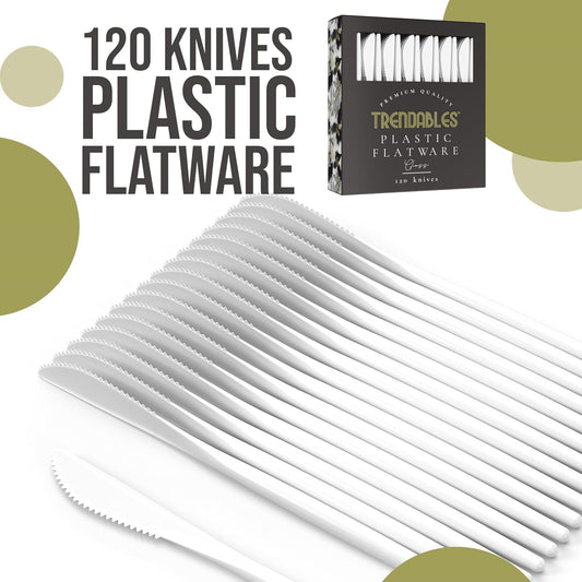 Trendables Disposable Plastic Cutlery - 120 Pack White Plastic Knives, Silverware Set