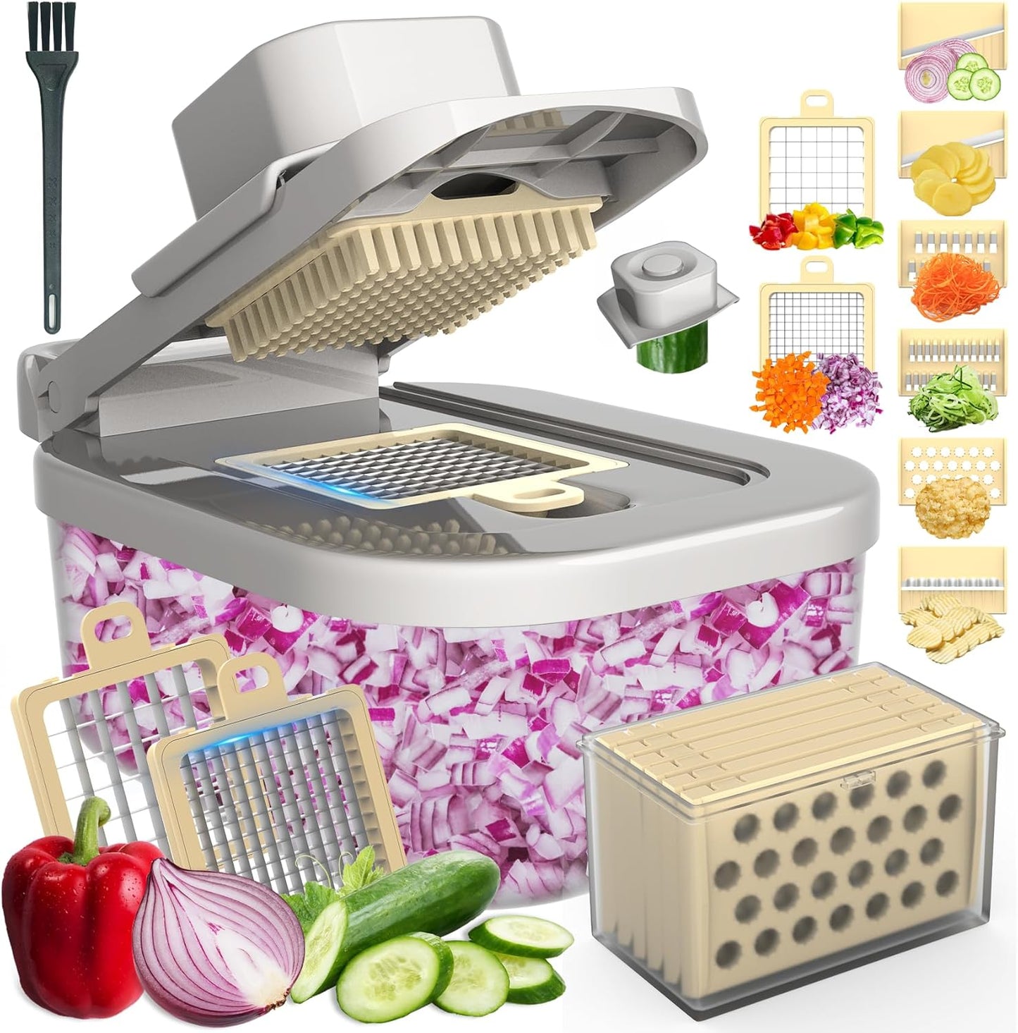 11-in-1 Mandoline Slicer for Kitchen, Food Chopper with Container, Vegetable Dicer Onion Slicer, Veggie Cutter for Fruit Salad Kitchen Gadgets Essential Tools (Beige)