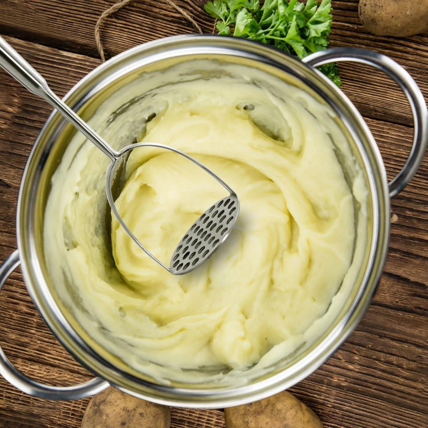 Potato Masher Stainless Steel - Mashed Potato Masher Kitchen Utensil，Potato Smasher For Potatoes, Bean, Vegetable & Fruits，Pet Food, Heavy Duty Metal Avocados Smasher Tool, Dishwasher Safe, 14 Inch