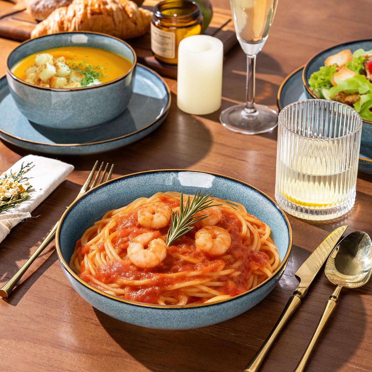 GBHOME 16 Pieces Double Bowls Ceramic Dinnerware Sets for 4, Stoneware Plates and Bowls Set with Reactive Glaze, Scratch Resistant Stoneware Dishes Set, Dishwasher & Microwave Safe