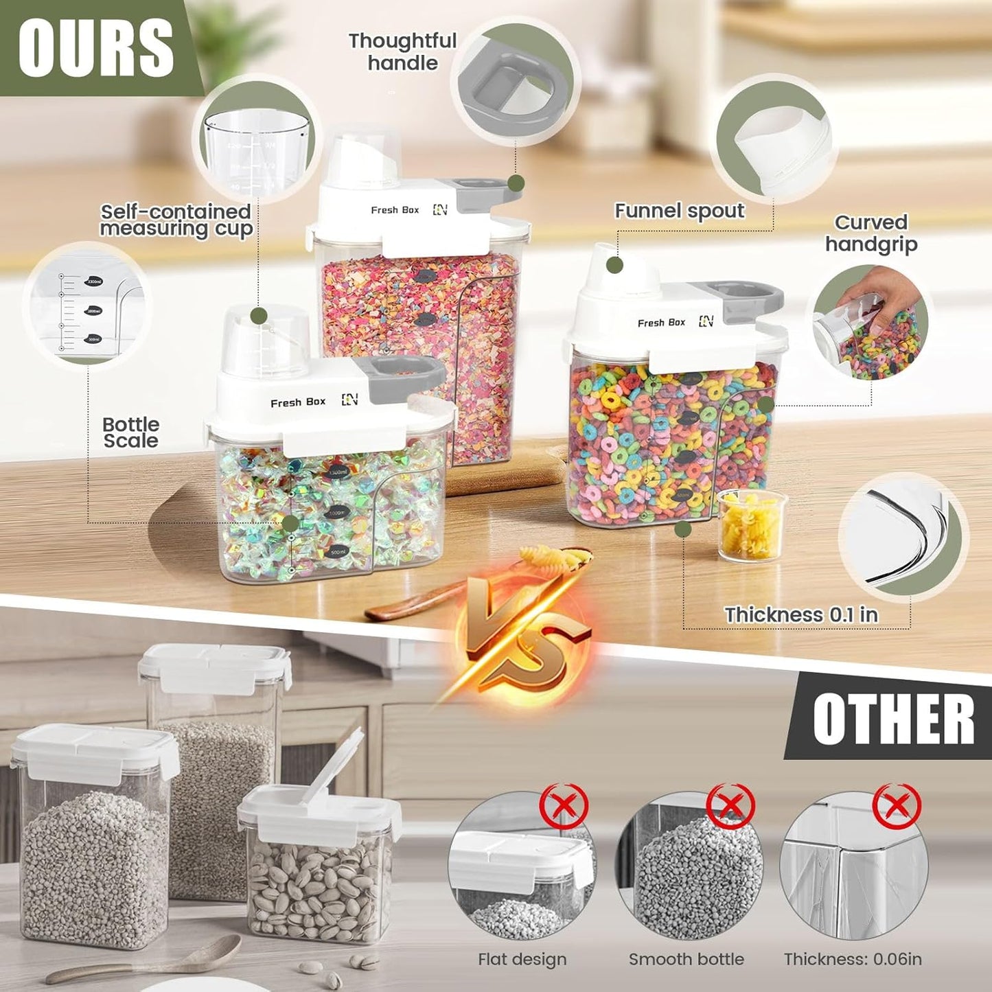 Cereal Storage Container 4Pack,61oz/1.8L Airtight Food Storage Containers With Lids,Organizers Storage With Measuring Cup for Beans,Sugar,Rice,Nuts,Snacks,Pet Food,Candy