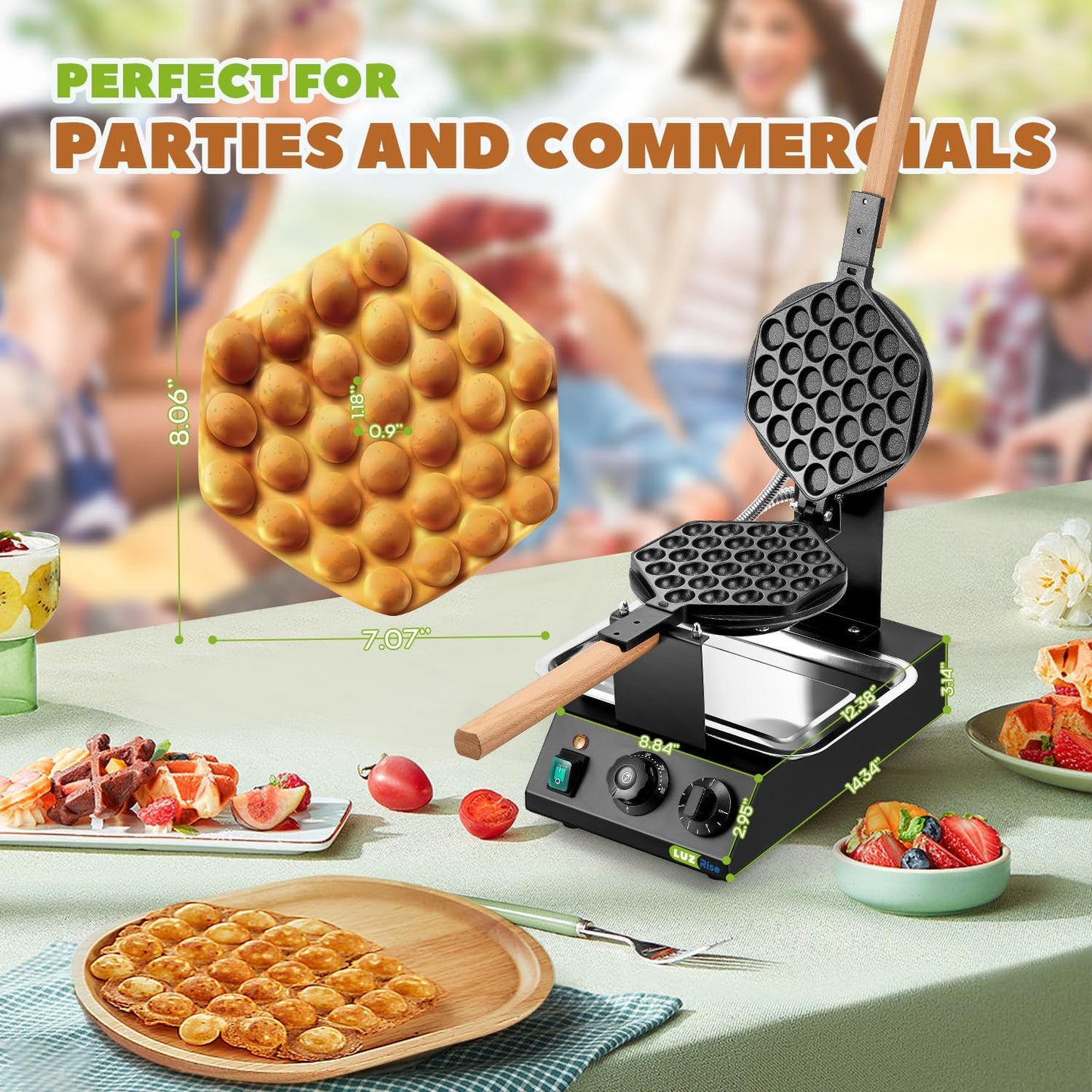 1400W Bubble Waffle Maker Non-stick Electric Waffle Iron Machine 360° Rotate 482℉/250℃ 3Min Fast Heating with 4 Accessories（Brush/Clip/Picker/Dishcloth）
