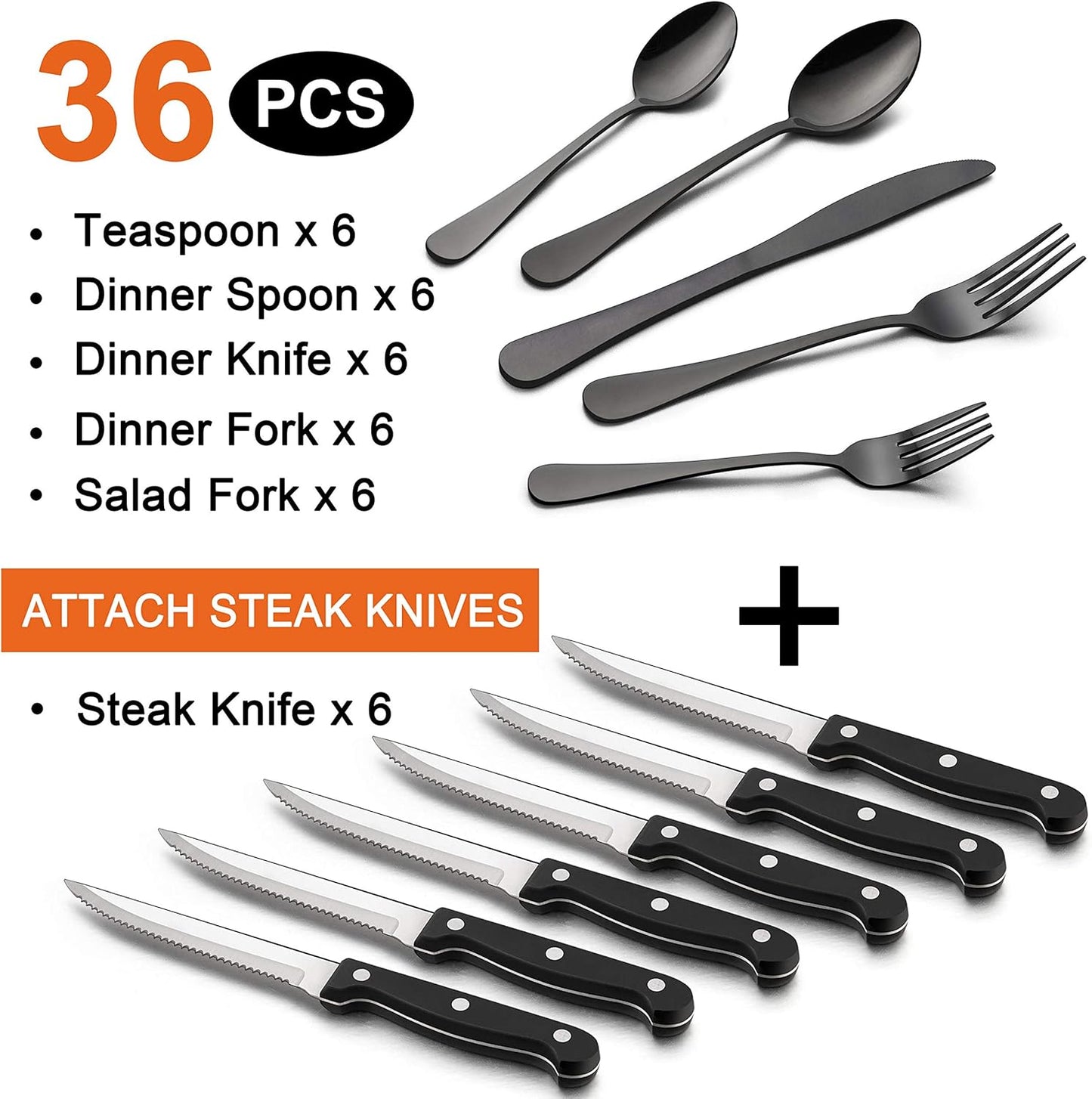 LIANYU 36-Piece Black Silverware Set with Steak Knives, Stainless Steel Flatware Cutlery Set for 6, Modern Eating Utensils Tableware, Mirror Finish, Dishwasher Safe