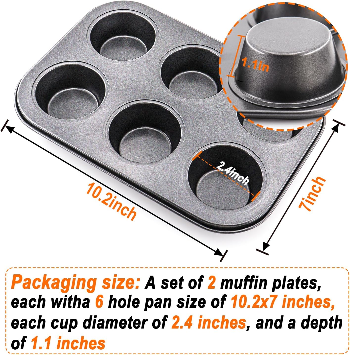 2 Packs Round Muffin Baking Pan, Premium Steel Muffin Pan for Baking, Cupcake Tin Cheesecake Pans, Bakeware Muffin Top Pan (6 Cups,Black)