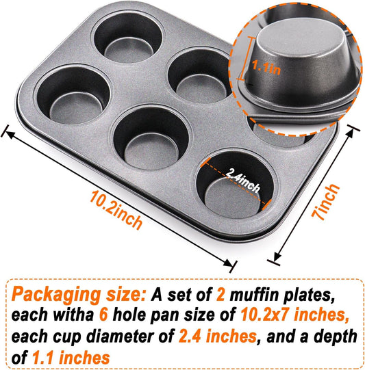 2 Packs Round Muffin Baking Pan, Premium Steel Muffin Pan for Baking, Cupcake Tin Cheesecake Pans, Bakeware Muffin Top Pan (6 Cups,Black)