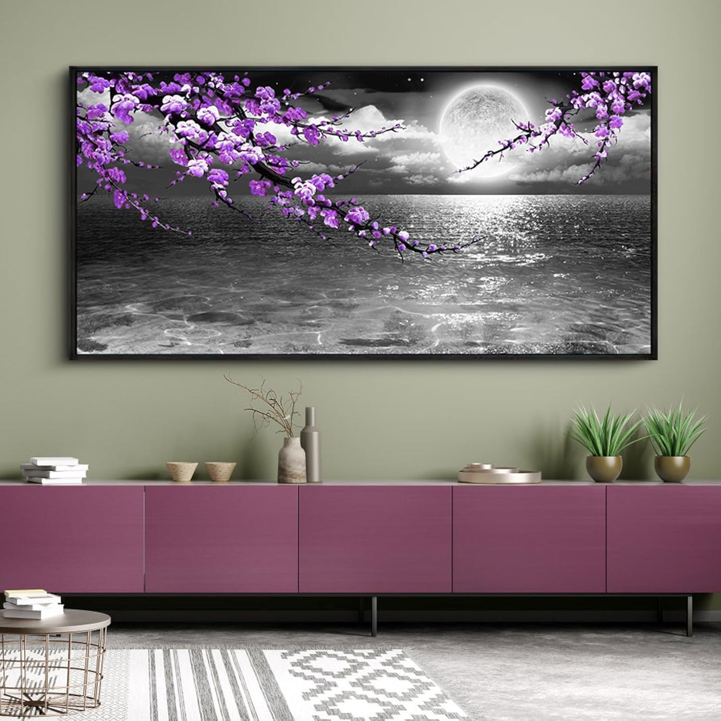 yiijeah Purple Wall Decor - Large Paintings for Living Room Plum Blossom Moon Ocean Canvas Picture Framed Artwork Black and White Seascape Wall Art Home Bedroom Decoration