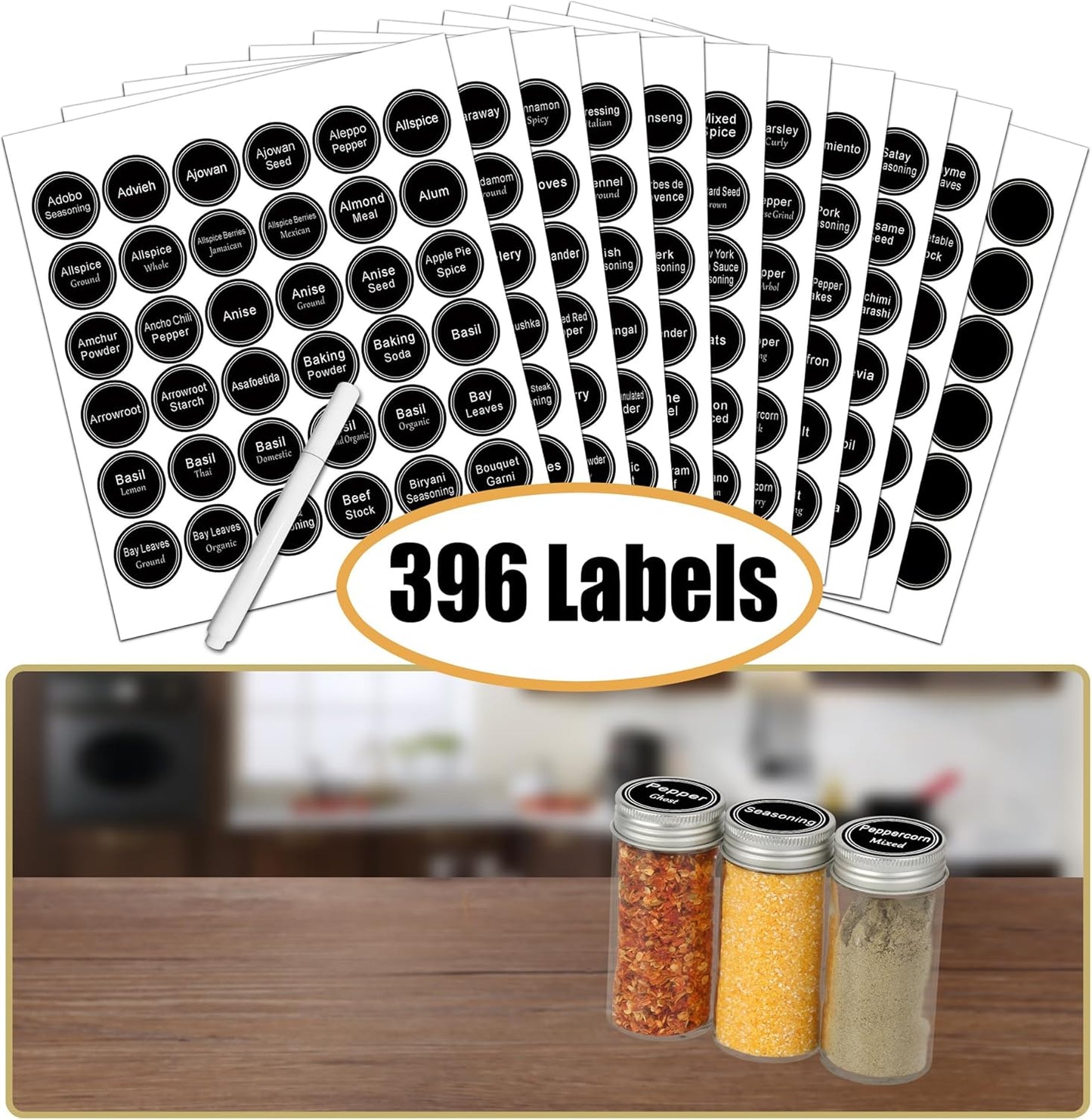 SWOMMOLY 3 Tier Spice Rack Organizer with 24 Empty Round Spice Jars, 396 Spice Labels, Funnel and Chalk Marker Complete Set, Black