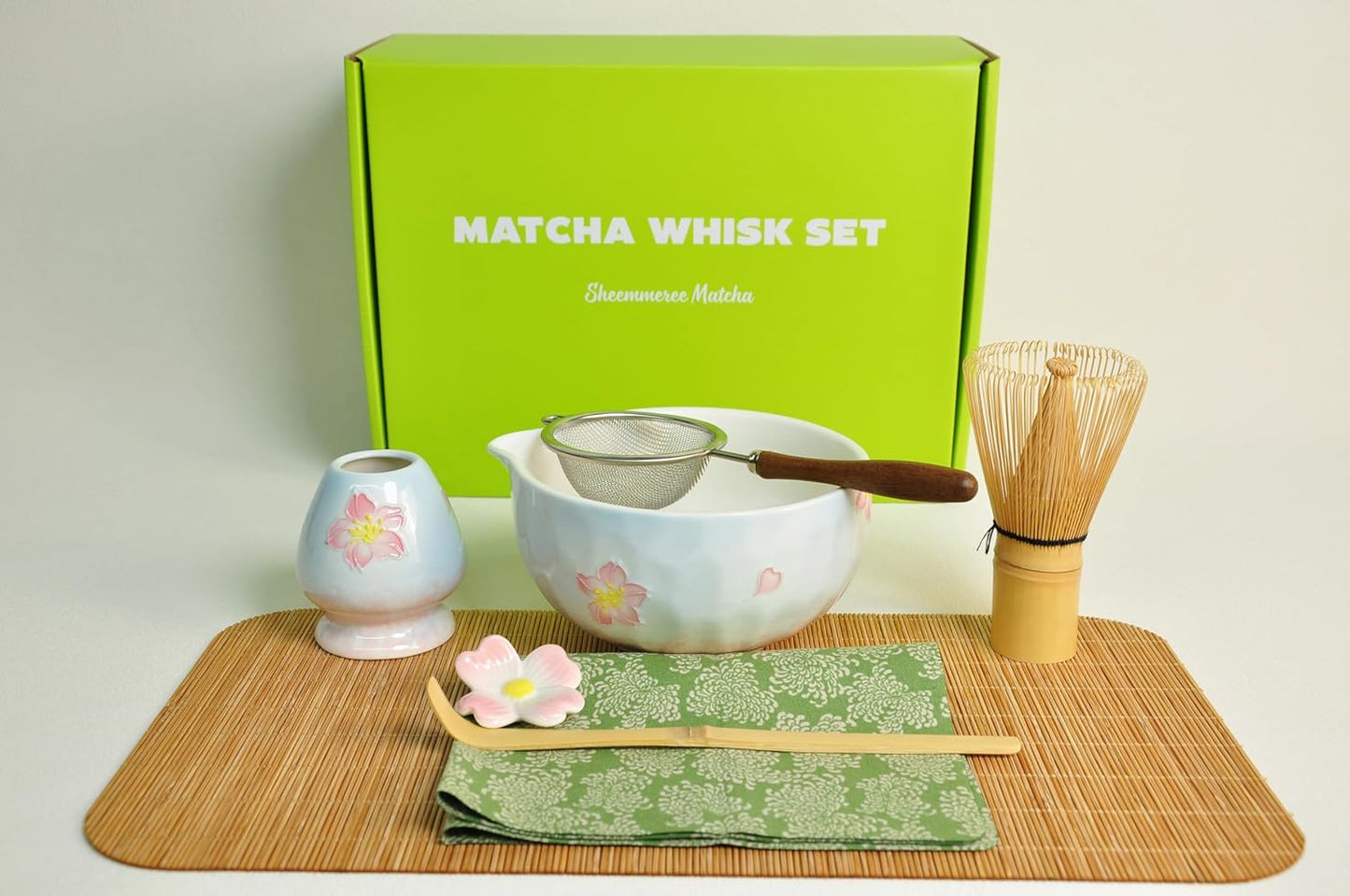 Matcha Whisk Set, Ceramic Matcha Set Includes Matcha Bowl, Matcha Whisk Chasen and Whisk Holder Sifter Bamboo Scoop, Scoop Rest and Tea Towel-7 Pcs Matcha Kit for Matcha Lovers, Cherry Blossom Pink