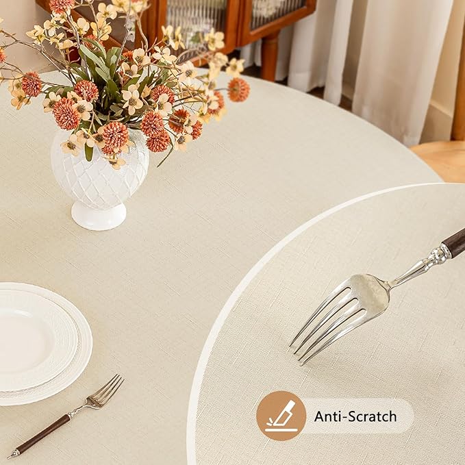 Fabric 60 Inch Round Table Cloth, Faux Linen Textured Water Resistant & Wipeable Circle Tablecloth, Anti-Scratch for Dinning Kitchen Party, Beige