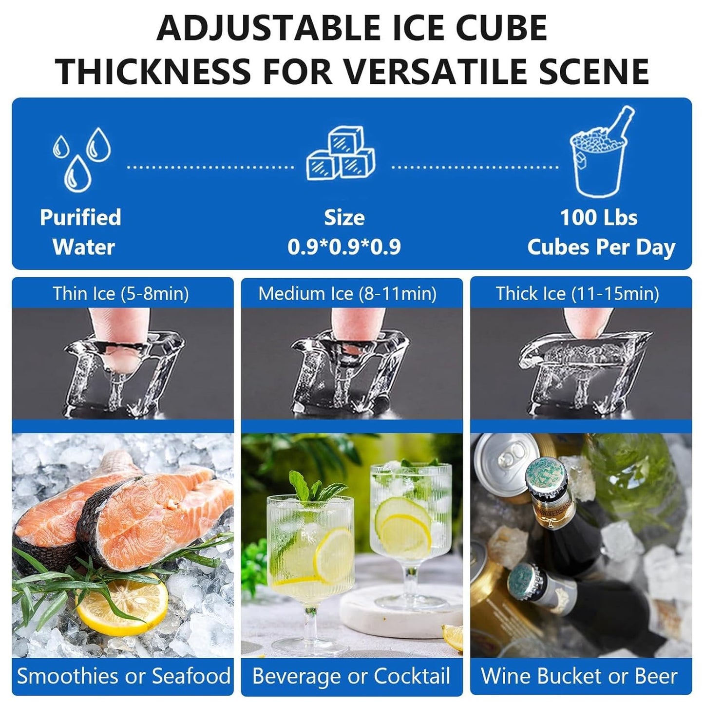 Commercial Ice Maker, 100 Lbs/24H Stainless Steel Free Standing Ice Maker with LCD Display, 33 Lbs Ice Storage Bin, Self Cleaning Under Counter Ice Maker for Bar, Restaurant, 2 Ways to Add Water