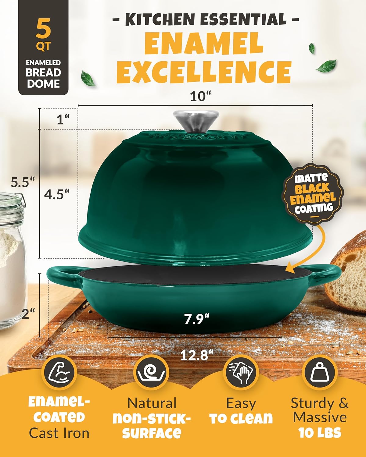 Dutch Oven Bread Baking - 5QT Enamel Bread-Oven - incl Sourdough Bread-Baking Suppliers like Dough Whisk Scoring Lame etc Bread-Dome Cast Iron Bread-Pan with Lid for Sour dough, Bread-makingBottle Green Dome