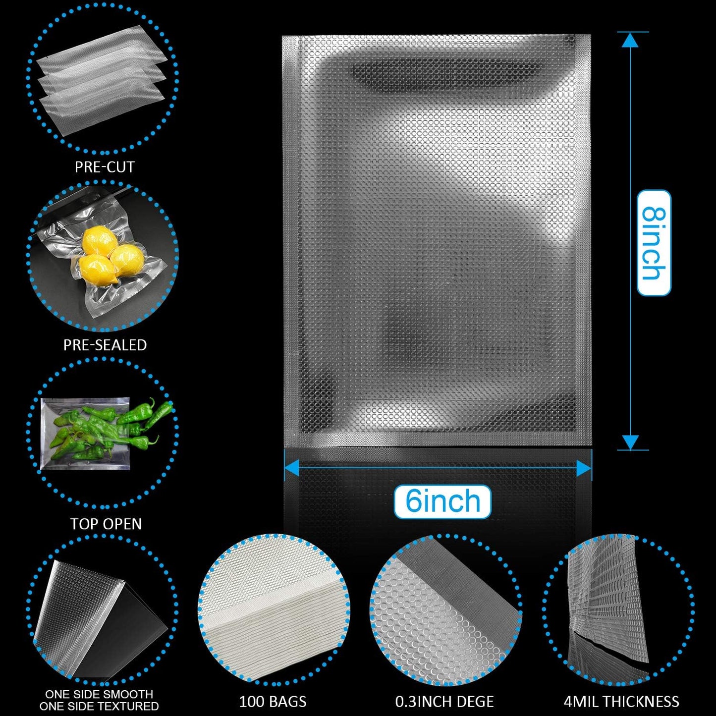 CANLENPK 15x20CM/6x8Inch Vacuum Sealer Bags, Food Storage Bag, Seal Meal Snack Fruit Nut, Boil Steam Heat Freeze Sous Vide Food Sealable Bags(100Bags)