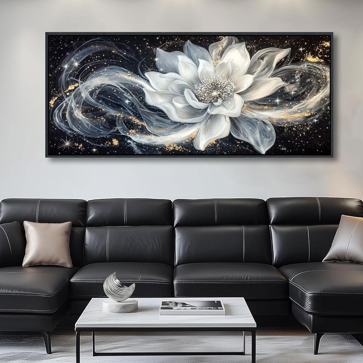 QZQCBLC Extra Large Wall Art, Black and White Lotus Modern Abstract Flower Pictures Gold Silver Canvas Framed Painting Artwork for Living room Bedroom kitchen Hallway Home Office Decor 32x71 IN