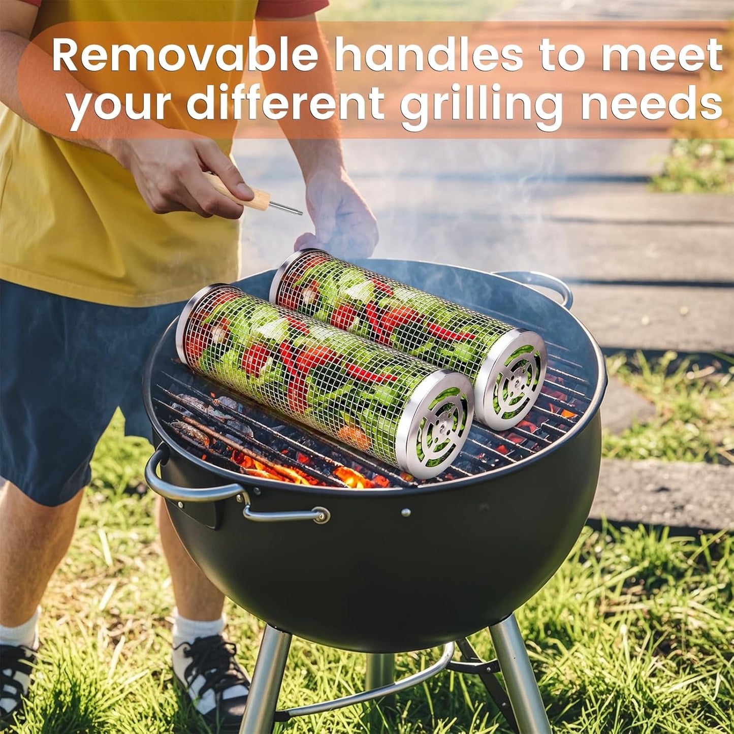 Nesting Grill Baskets (2 PCS), 304 Stainless Steel with Removable Wooden Handle, Rolling Grilling Net, BBQ Accessories Tools for Vegetables Shrimp, Outdoor Camping, Gifts for Men Dad and Husband