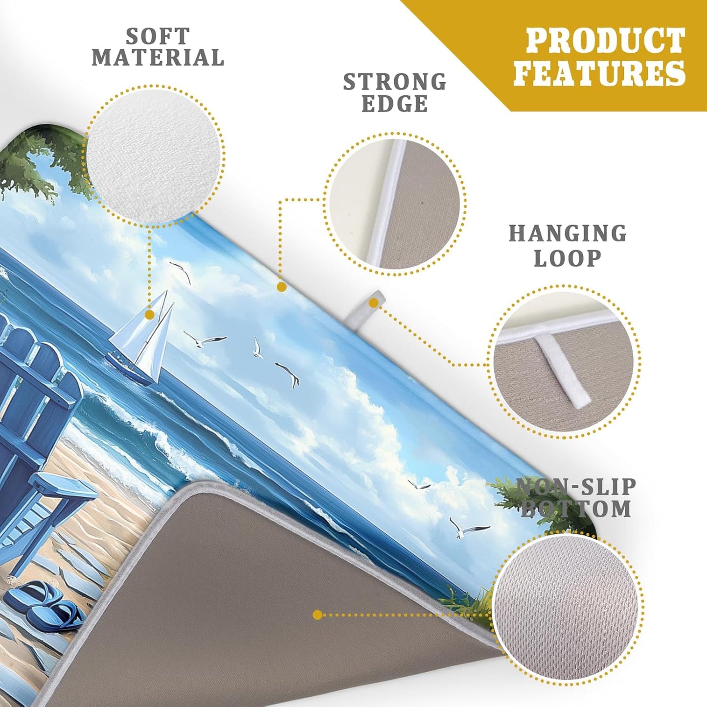 Summer Beach Chairs Dish Drying Mat Sea Wave Blue Floral Drying Mat fo Kitchen Counter 16”x18” Absorbent Reversible Kitchen Mat Non-Slip Ocean Themed Dish Drainer Rack Mat for Countertop Coffee Bar