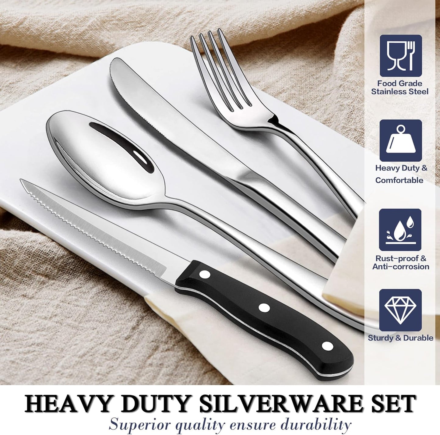 48-Piece Heavy Duty Silverware Set with Steak Knife for 8, LIANYU Stainless Steel Flatware Set, Fancy Thick Cutlery Eating Utensils Include Forks Knives Spoons, Mirror Finished, Dishwasher Safe