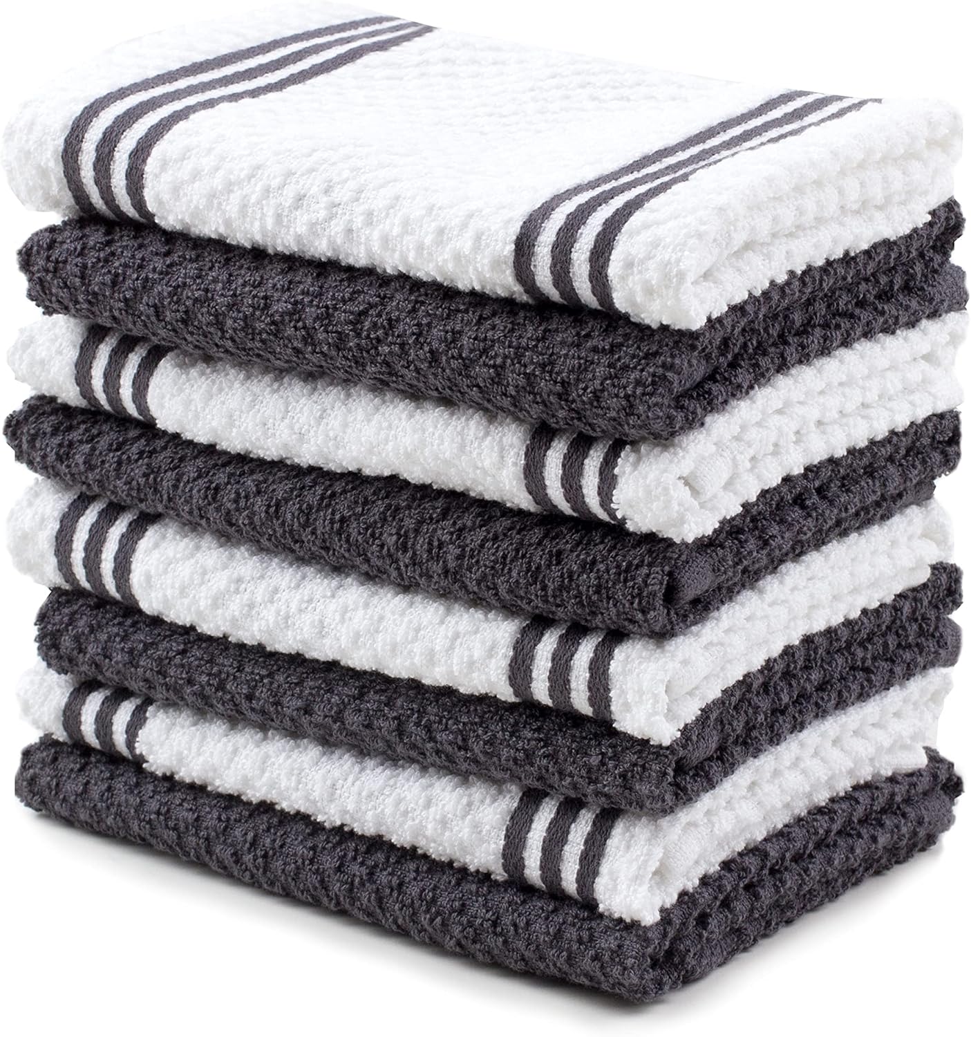 Sticky Toffee Cotton Dishcloths Set of 8 – Gray and White Kitchen Towels 12x12 in, Reusable and Absorbent Tea Towels for Cleaning or Drying, Oeko-Tex Cotton